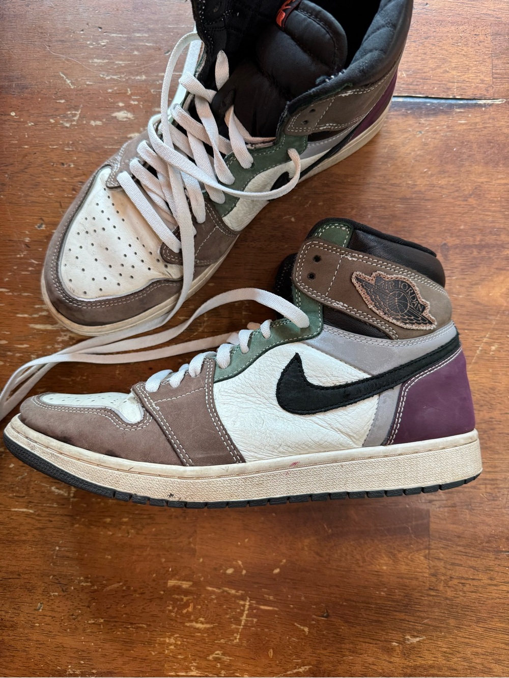 Nike Jordan High-Tops in White, Brown, Green & Purple